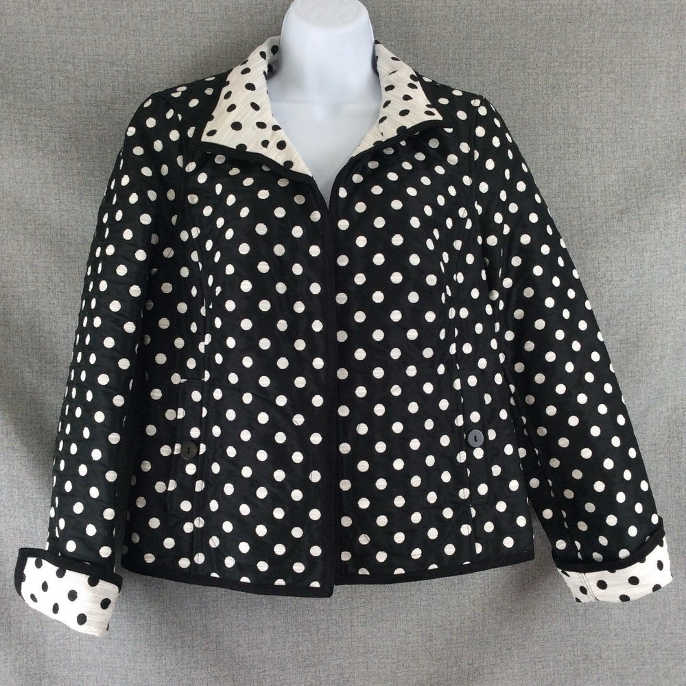 Nina McLemore Women Blazer Black White Polka Dot Quilted Blazer Sz 4 Preppy Work